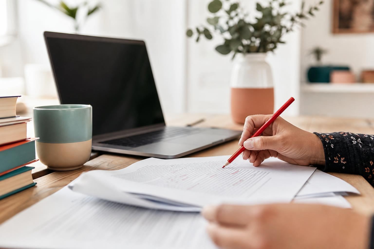 Relecture d'un article au crayon rouge, avec des expressions soulignées dans le texte