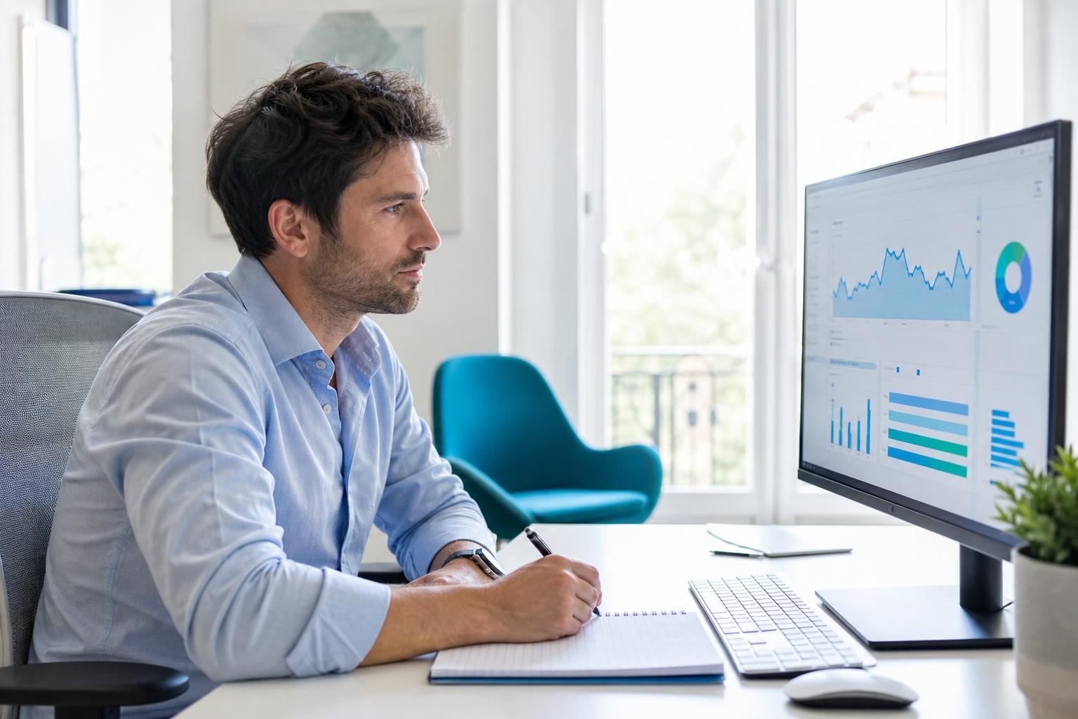Consultant SEO analysant un tableau de bord de suivi de backlinks