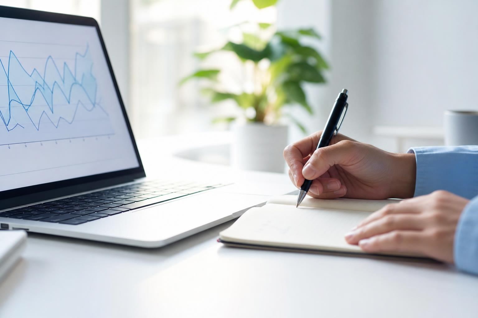Prise de notes manuscrites à côté d'un ordinateur portable pendant la préparation d'une campagne de netlinking