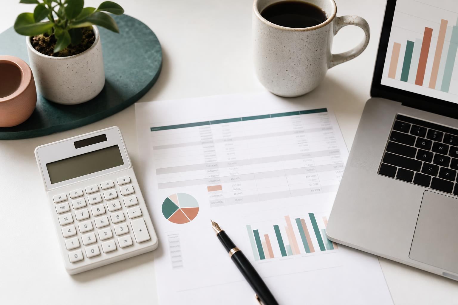 Bureau de travail avec une calculatrice posée sur un tableau de budget imprimé